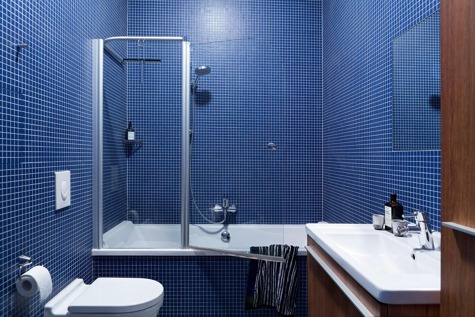 The image features a small, modern bathroom with a blue and white color scheme. The bathroom includes a shower stall, a sink, and a toilet. The shower stall is located on the left side of the bathroom, and the sink is situated on the right side. The toilet is situated in the middle of the bathroom.

The bathroom is well-lit, with a bright light illuminating the space. The blue and white tiles on the walls and floor create a visually appealing and clean look. The bathroom appears to be clean and well-