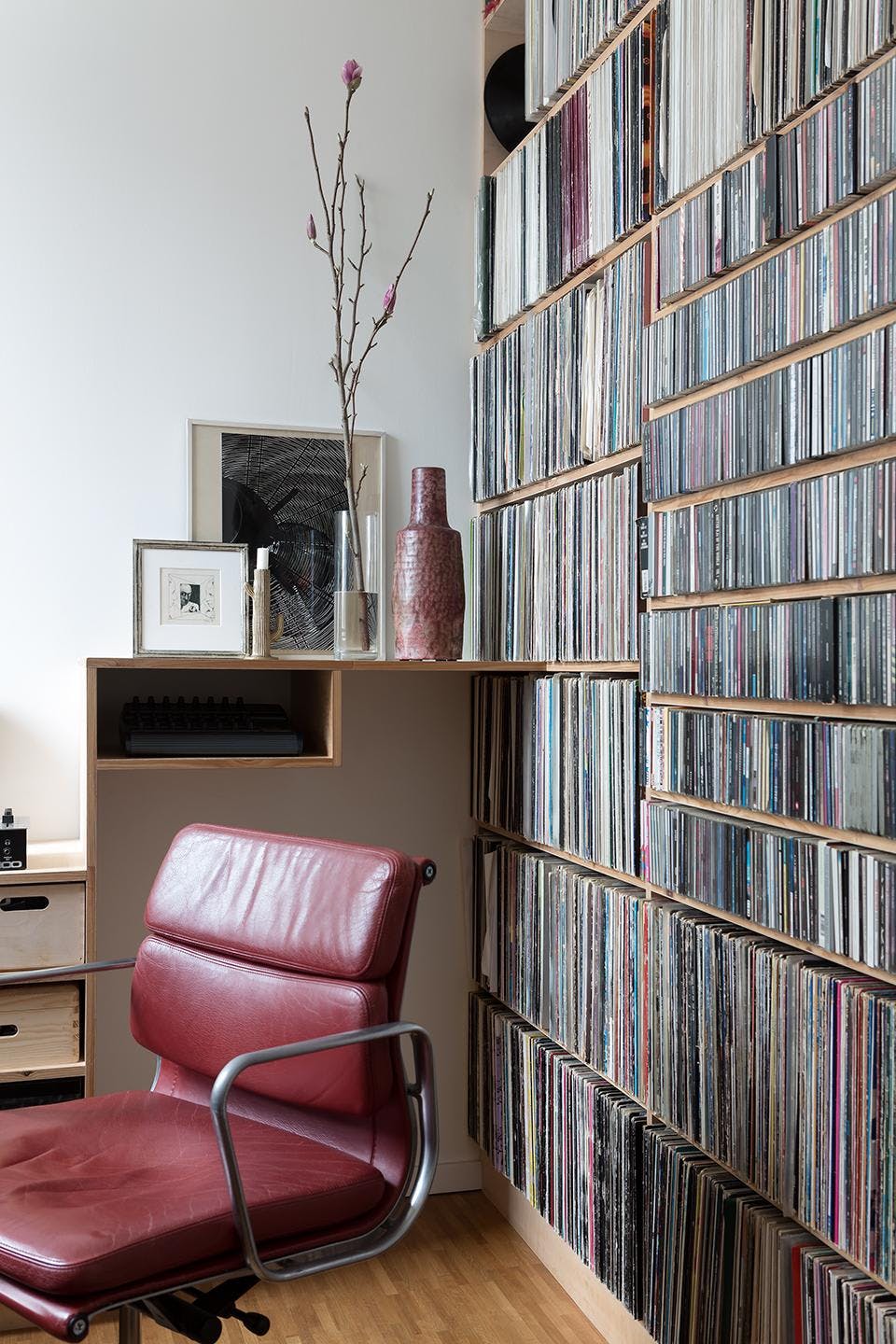The image features a room with a red leather chair placed in the corner. The chair is situated next to a bookshelf filled with numerous CDs and DVDs. The bookshelf is located on the left side of the room, and the CDs and DVDs are neatly arranged on the shelves.

In addition to the chair and bookshelf, there is a potted plant placed on the right side of the room, adding a touch of greenery to the space. A vase can also be seen on the left side of the room, further enhancing the room's decor.