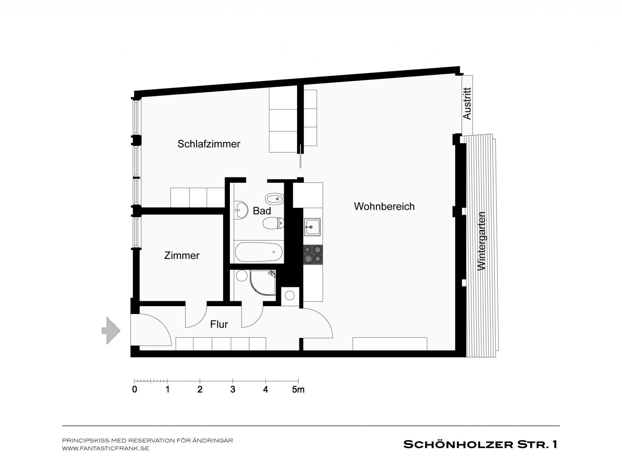 The image features a floor plan of a house, which is a two-story home with a basement. The floor plan is divided into two sections, with the first section being the main living area and the second section being the bedroom. The living area is located on the first floor, while the bedroom is situated on the second floor.

The floor plan also includes a kitchen area, which is located on the second floor. The kitchen is described as a small room with a sink and a refrigerator. The living room and bedroom are connected by a hallway, which is also visible in the image.