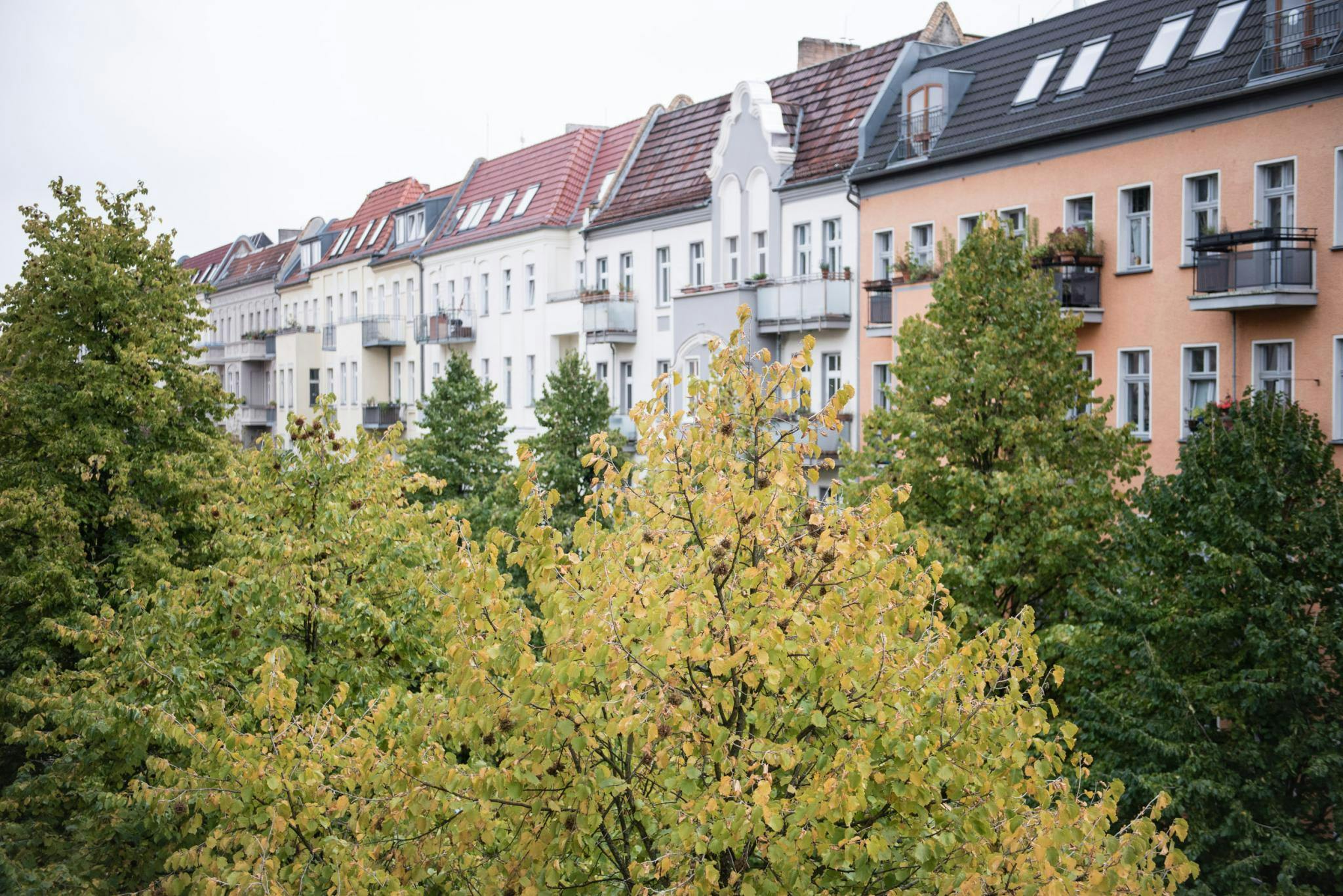The image features a row of tall, multi-story buildings with a mix of yellow and green trees in front of them. The trees are scattered throughout the scene, with some closer to the buildings and others further away. The buildings are situated in a city setting, with a few of them having balconies.

There are several people visible in the scene, with one person standing near the middle of the image and others scattered throughout the area. The overall atmosphere of the image is lively and bustling, with the combination of the buildings, trees, and people creating a vibrant urban landscape.