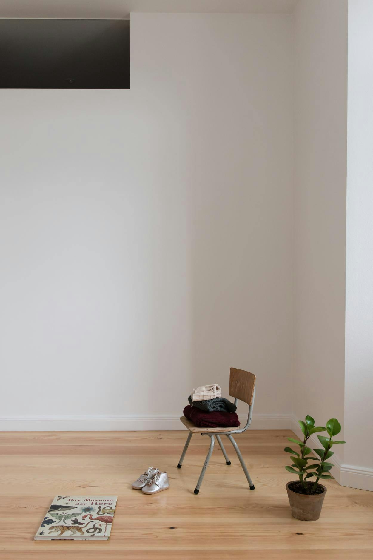 The image features a room with a white wall and a black TV mounted on the wall. In the room, there is a chair placed in front of the TV, and a potted plant is placed on the floor near the chair. The room appears to be empty, with no other furniture or objects visible.

There are two books placed on the floor, one closer to the left side of the room and the other towards the right side. Additionally, there is a remote control lying on the floor near the chair. The room seems to be a living space, possibly a bedroom or a study area.