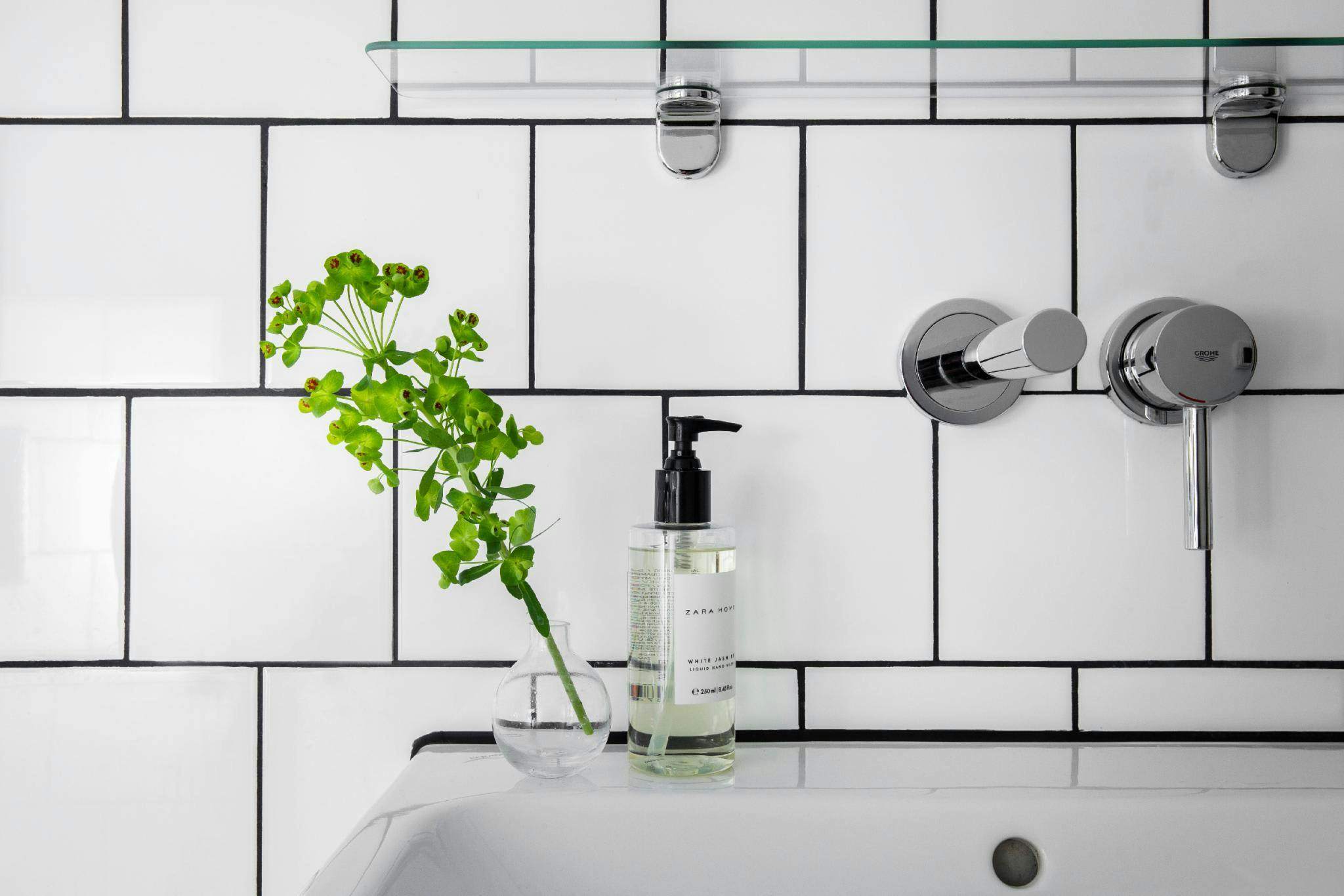 The image features a bathroom sink with a plant on the countertop, a bottle of soap, and a toothbrush.